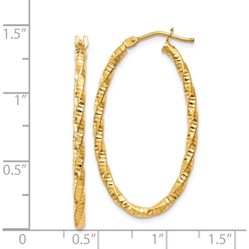 14K Yellow Gold 2mm Diamond-Cut Oval Hoop Earrings - Polished Finish by Oro Pregiato