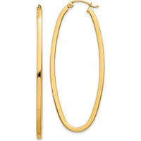 14K Yellow Gold 2mm Large Oval Hoop Earrings - Polished Finish, 53mm Length by 0