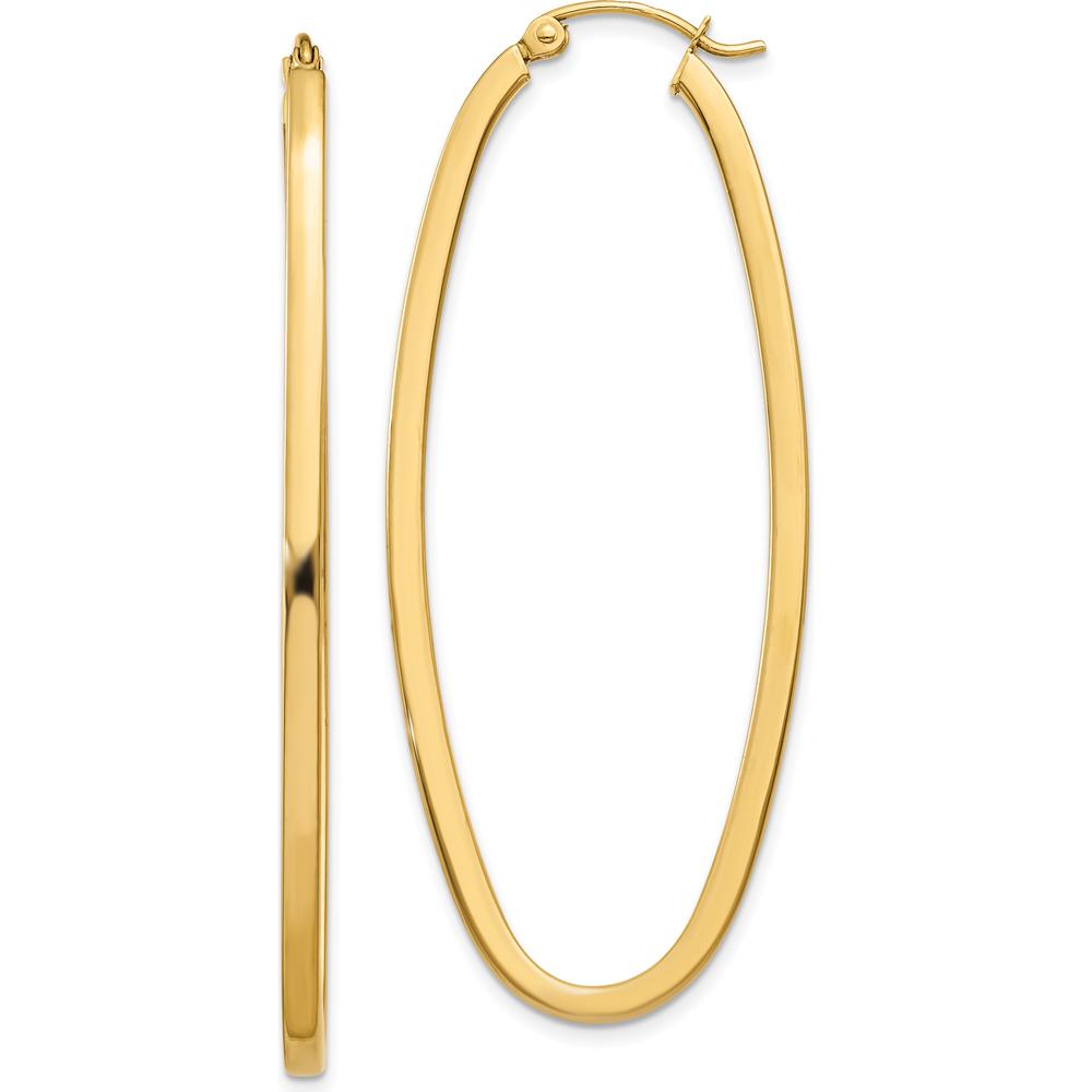 14K Yellow Gold 2mm Large Oval Hoop Earrings - Polished Finish, 53mm Length by 0