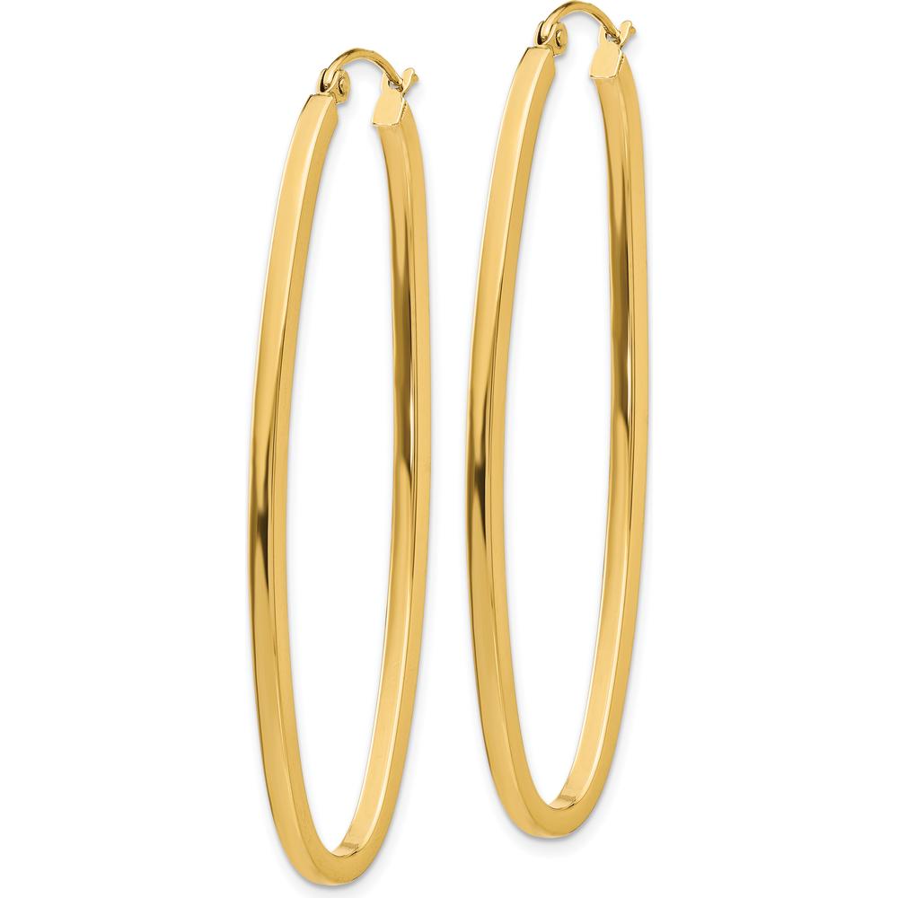 14K Yellow Gold 2mm Large Oval Hoop Earrings - Polished Finish, 53mm Length by 0