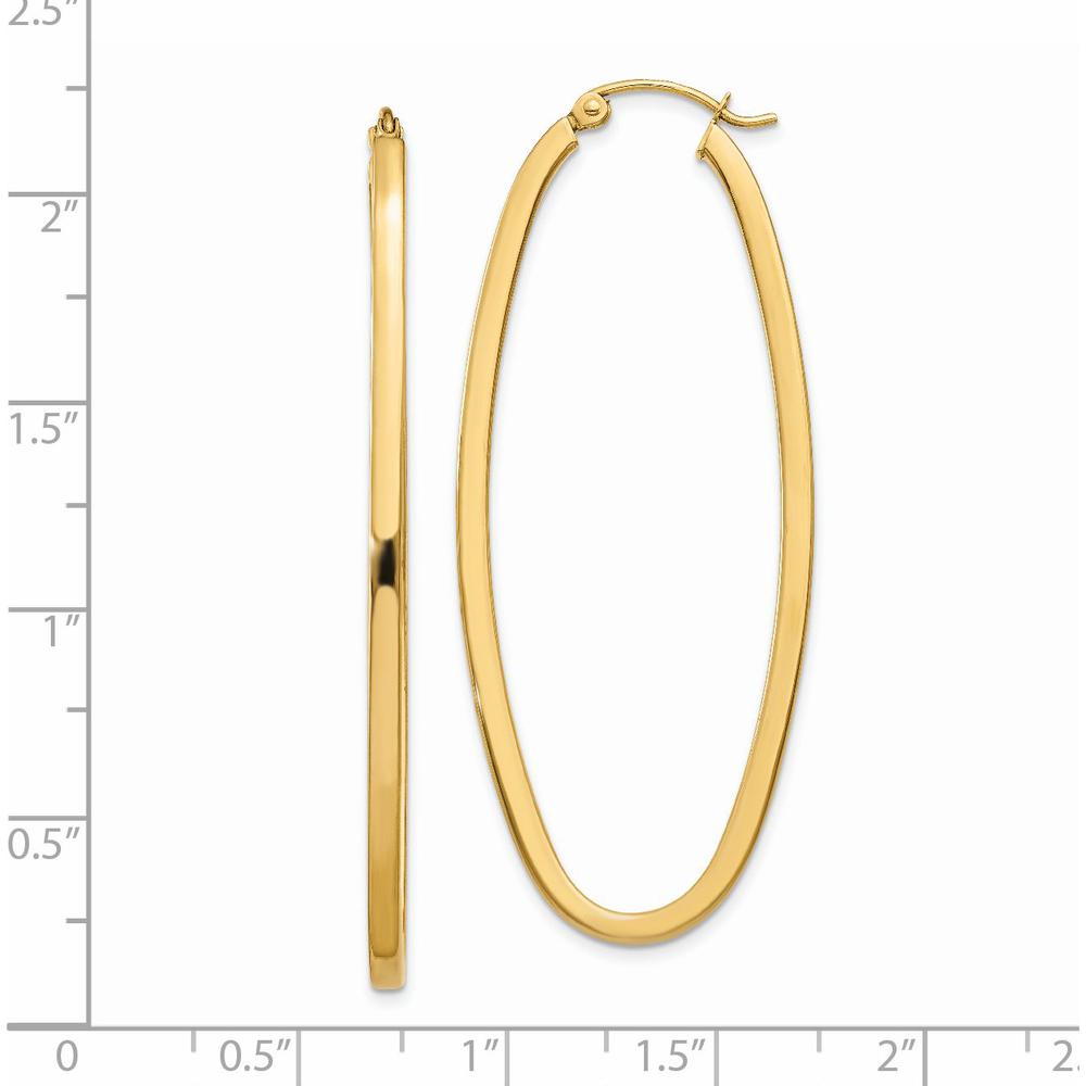 14K Yellow Gold 2mm Large Oval Hoop Earrings - Polished Finish, 53mm Length by 0