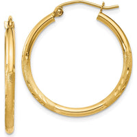 14K Yellow Gold 2mm Satin and Diamond-Cut Hoop Earrings - 25mm Length by 0