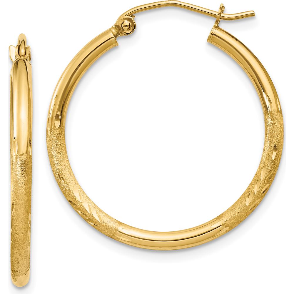 14K Yellow Gold 2mm Satin and Diamond-Cut Hoop Earrings - 25mm Length by 0