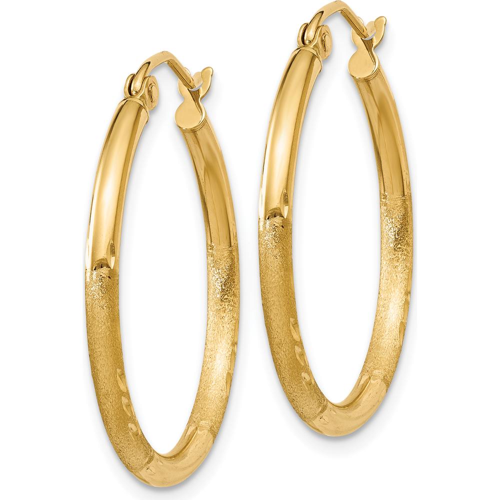 14K Yellow Gold 2mm Satin and Diamond-Cut Hoop Earrings - 25mm Length by 0