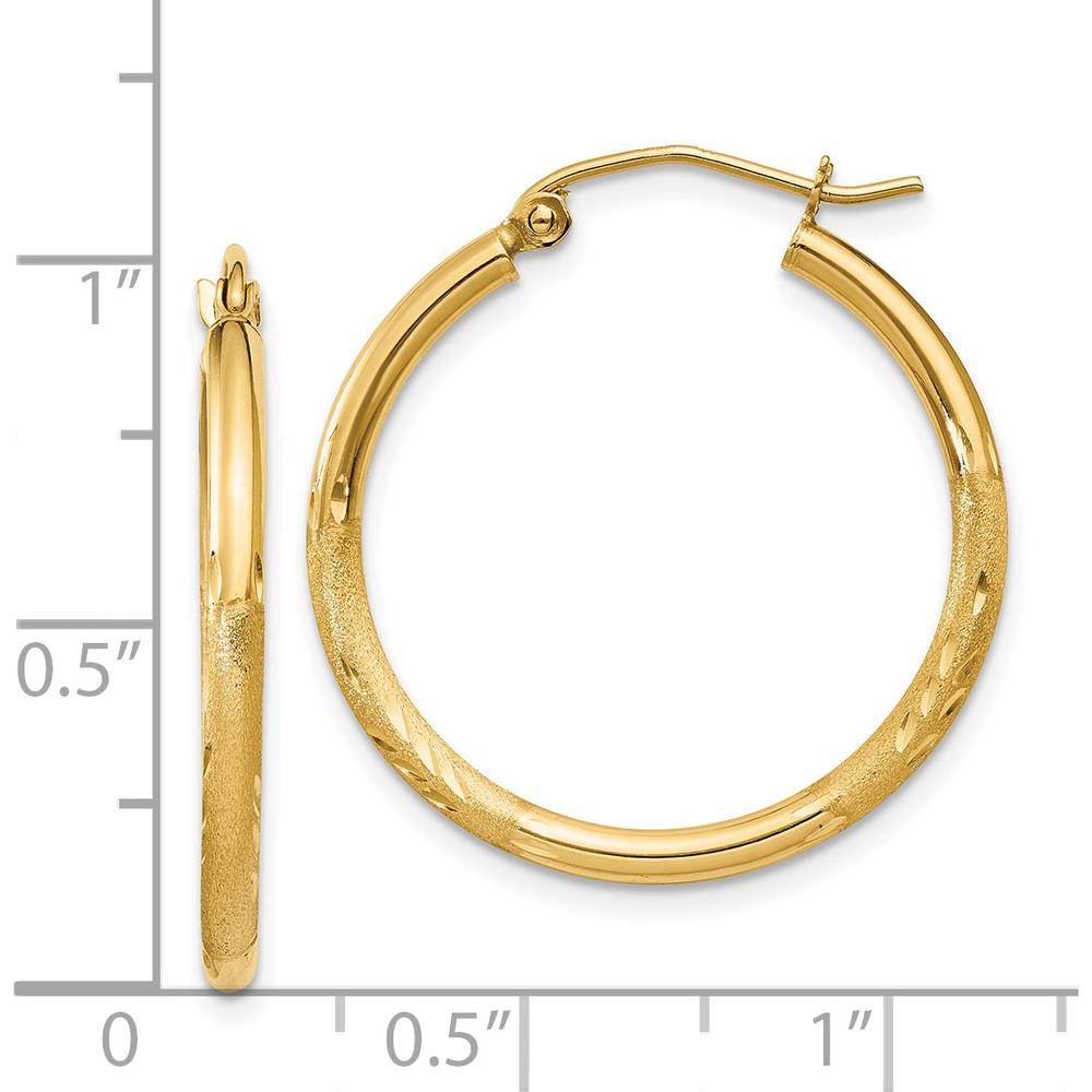 14K Yellow Gold 2mm Satin and Diamond-Cut Hoop Earrings - 25mm Length by 0