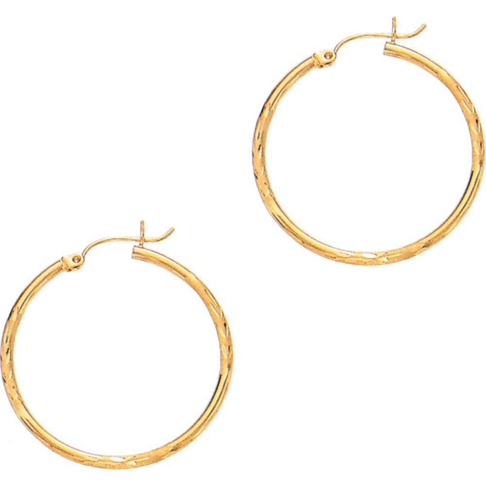 14K Yellow Gold 2x30mm Diamond Cut & Polished Hoop Earrings with Hinged Closure by Orozza Fine Jewelry