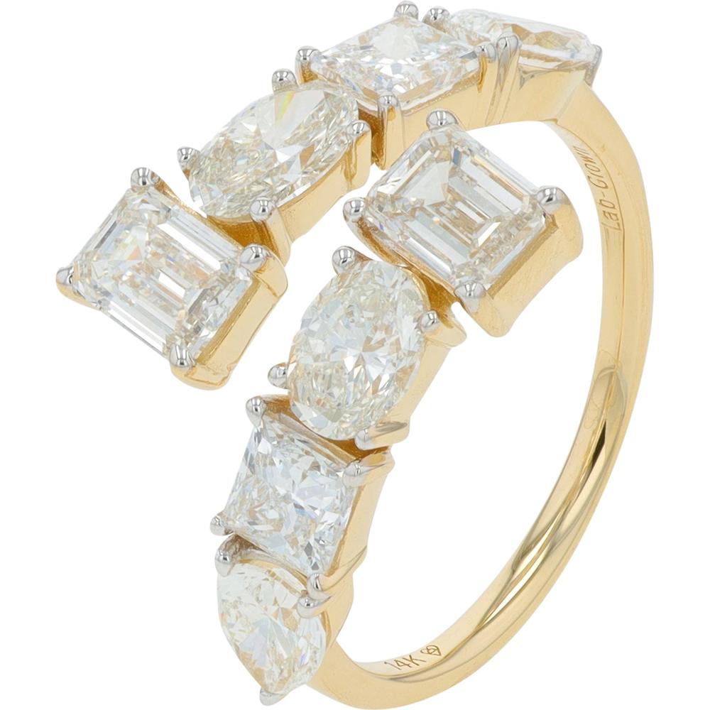 14K Yellow Gold 3.00 Carat Lab Grown Diamond Bypass Ring with Emerald and Oval Cut Diamonds