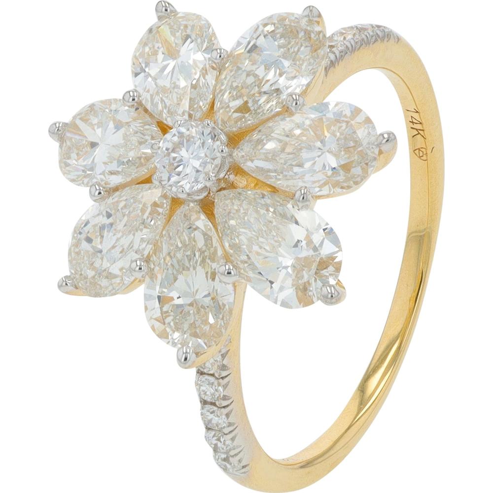 14K Yellow Gold 3.00 Carat Lab Grown Diamond Flower Ring with Pear - Shaped Accents