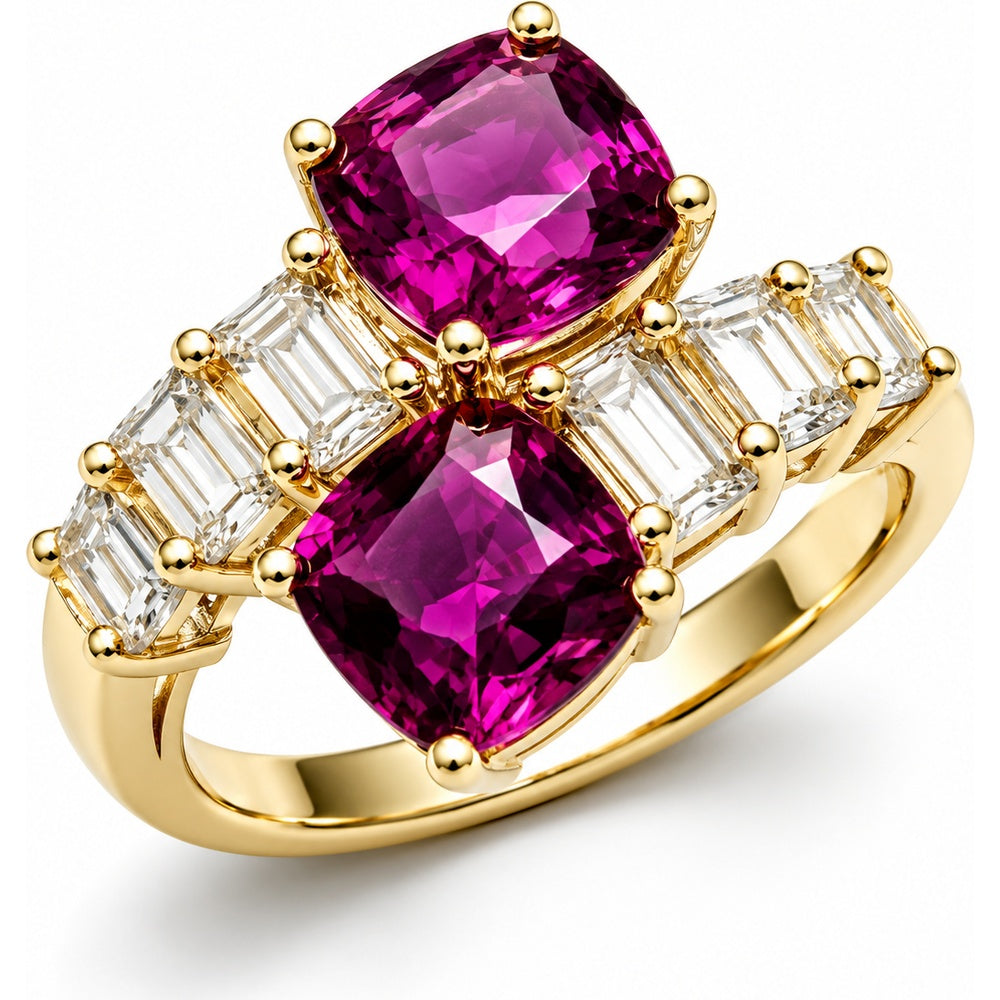 14K Yellow Gold 3.00 Carat Pink Tourmaline and 1.27 Carat Baguette Diamond Bypass Ring by Auriventus