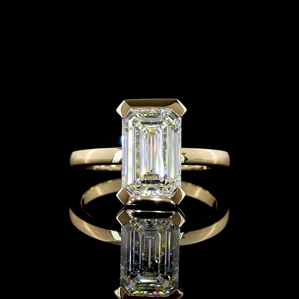 14K Yellow Gold 3.03 Carat Emerald Cut Solitaire Ring with Half Bezel Setting and North-South Orientation - Lab Grown F VVS2 Diamond IGI Certified - Covaloro Fine Jewelry