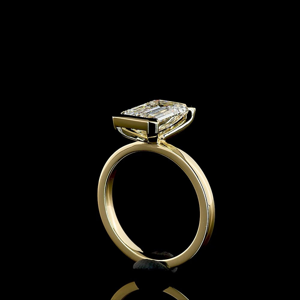 14K Yellow Gold 3.03 Carat Emerald Cut Solitaire Ring with Half Bezel Setting and North-South Orientation - Lab Grown F VVS2 Diamond IGI Certified - Covaloro Fine Jewelry