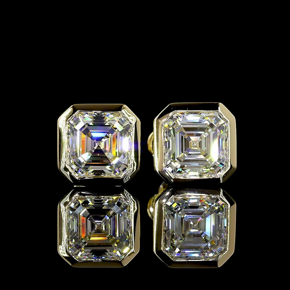 14K Yellow Gold 3.04 Carat Total Weight Asscher Cut Lab Diamond Stud Earrings in Bezel Setting - E-F Color, VVS2 Clarity, IGI Certified - Covaloro Fine Jewelry