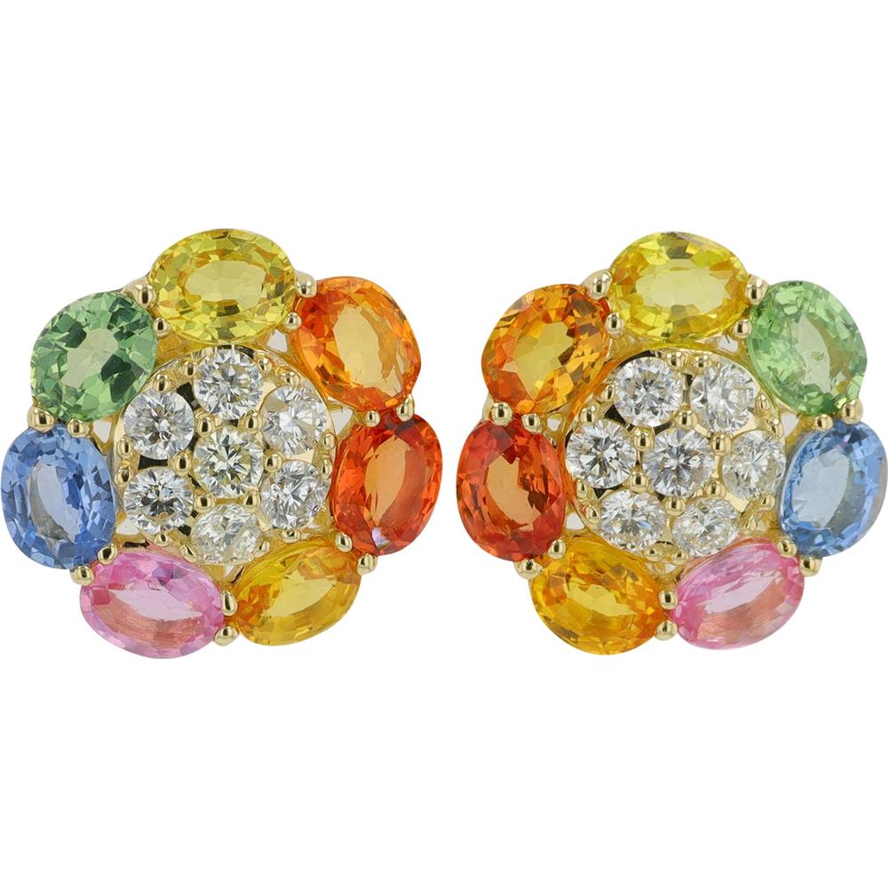 14K Yellow Gold 3.15 Carat Multicolor Sapphire Flower Earrings with Diamond Accents - 0.50 Carat Total Diamond Weight