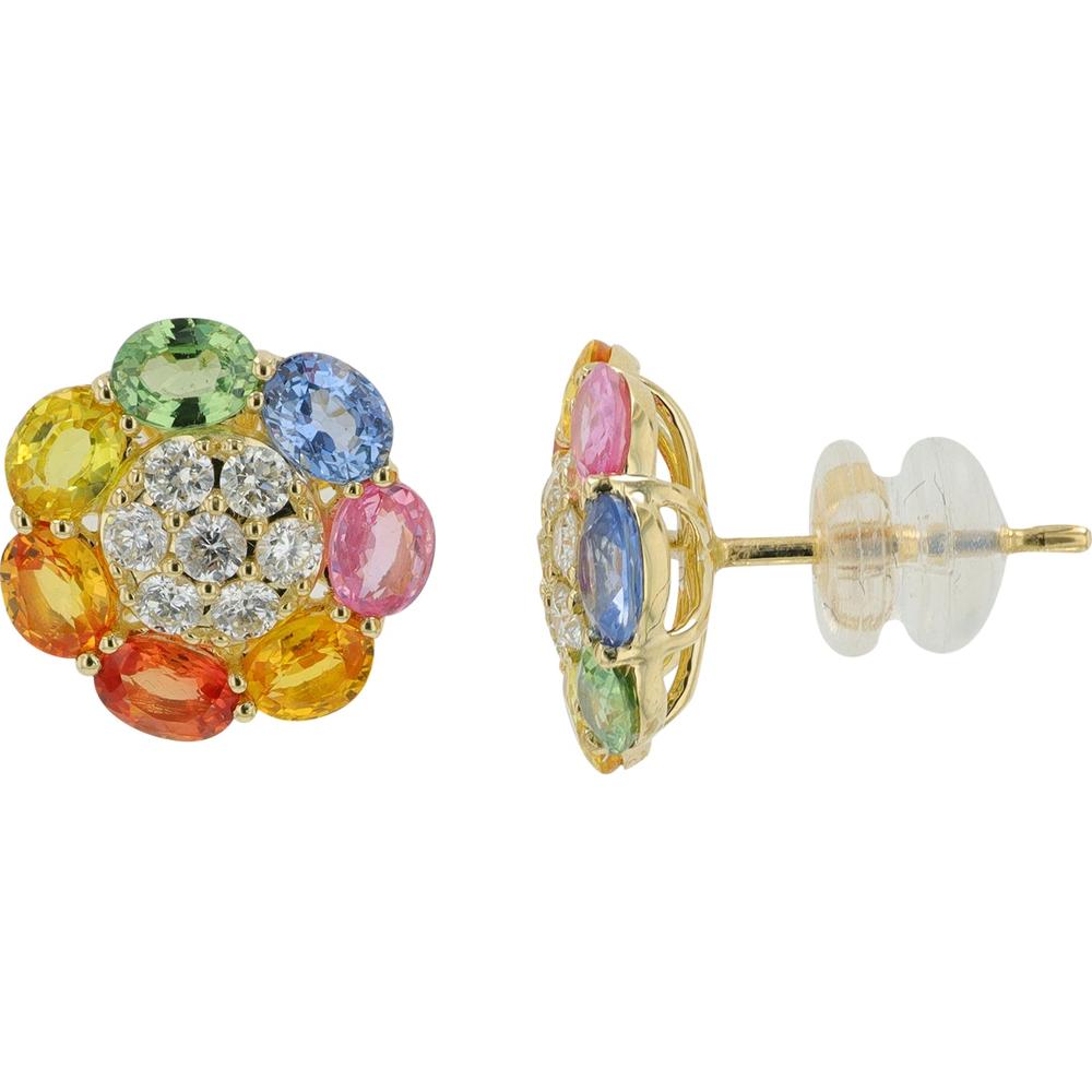 14K Yellow Gold 3.15 Carat Multicolor Sapphire Flower Earrings with Diamond Accents - 0.50 Carat Total Diamond Weight