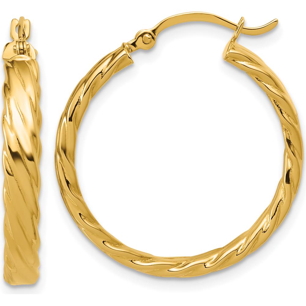 14K Yellow Gold 3.25mm Patterned Hoop Earrings with Striped Texture by 0