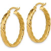 14K Yellow Gold 3.25mm Patterned Hoop Earrings with Striped Texture by 0