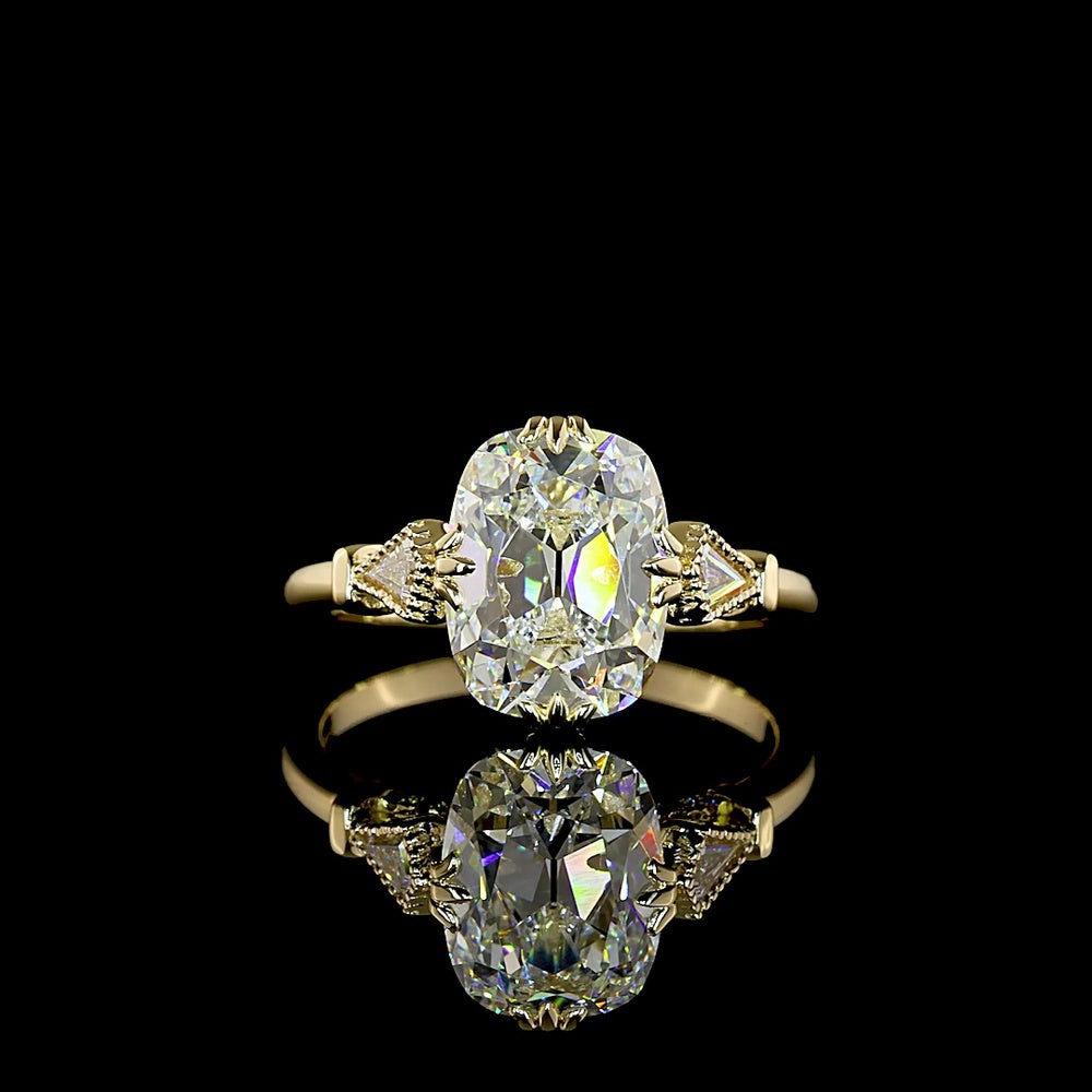 14K Yellow Gold 3.31 Carat Antique Cushion Cut Lab Diamond Ring with Kite and Round Diamond Accents - IGI Certified E VVS1 - Covaloro Fine Jewelry
