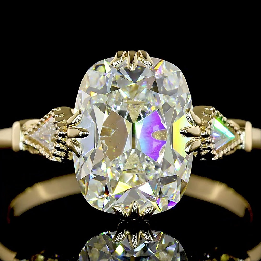 14K Yellow Gold 3.31 Carat Antique Cushion Cut Lab Diamond Ring with Kite and Round Diamond Accents - IGI Certified E VVS1 - Covaloro Fine Jewelry