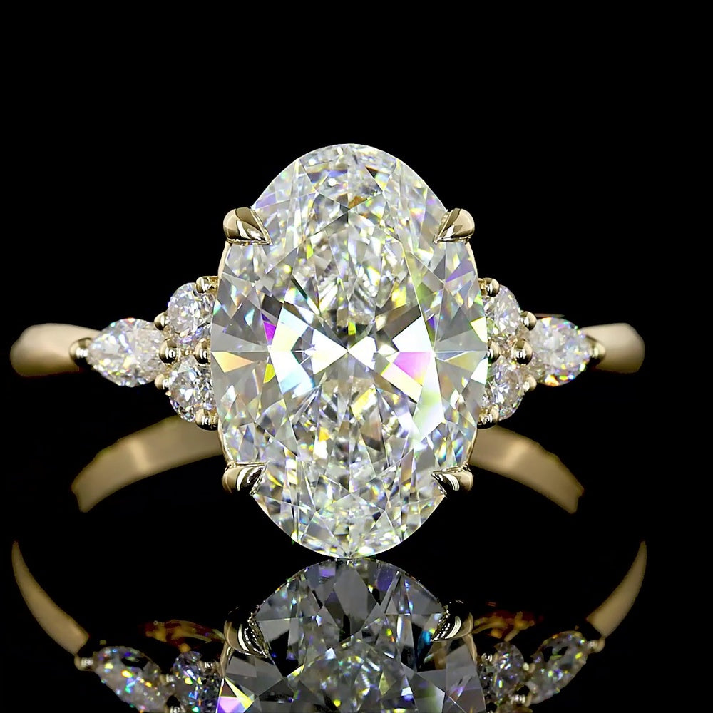 14K Yellow Gold 3.35 Carats Total Weight Oval Cut Lab Diamond Ring with E VVS2 Clarity and Marquise & Round Side Stones - IGI Certified - Covaloro Fine Jewelry