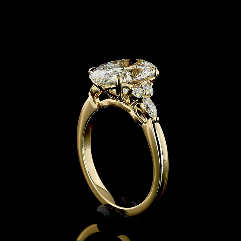 14K Yellow Gold 3.35 Carats Total Weight Oval Cut Lab Diamond Ring with E VVS2 Clarity and Marquise & Round Side Stones - IGI Certified - Covaloro Fine Jewelry