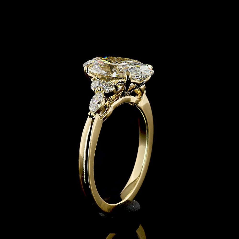 14K Yellow Gold 3.35 Carats Total Weight Oval Cut Lab Diamond Ring with E VVS2 Clarity and Marquise & Round Side Stones - IGI Certified - Covaloro Fine Jewelry