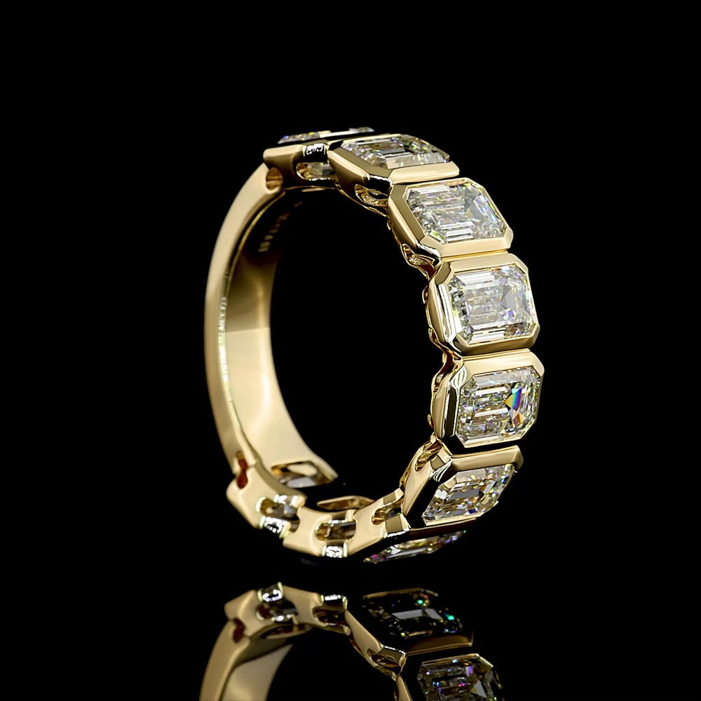 14K Yellow Gold 3/4 Eternity Band with Bezel Set Emerald Cut Lab Diamonds - 4.61 Carat Total Weight, E-F Color VS Clarity - Covaloro Fine Jewelry