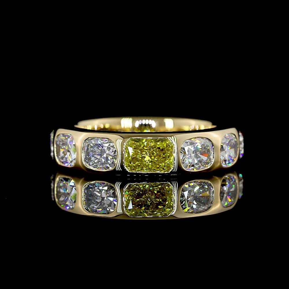 14K Yellow Gold 3/4 Eternity Band with East-West Set Cushion Brilliant Diamonds Including a 0.50 Carat Fancy Vivid Yellow Lab Diamond Center - 3.71 Carat Total Weight - Covaloro Fine Jewelry