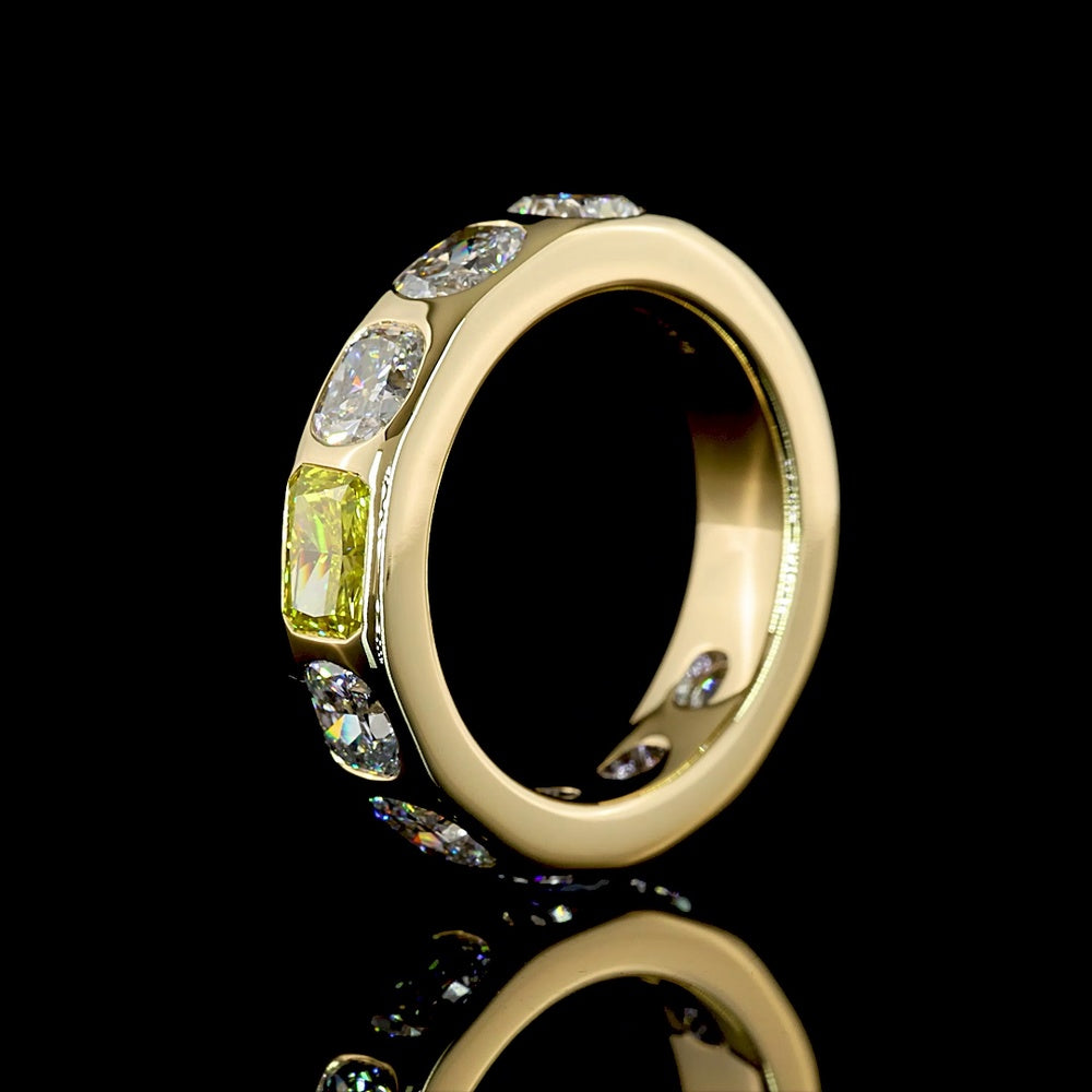 14K Yellow Gold 3/4 Eternity Band with East-West Set Cushion Brilliant Diamonds Including a 0.50 Carat Fancy Vivid Yellow Lab Diamond Center - 3.71 Carat Total Weight - Covaloro Fine Jewelry