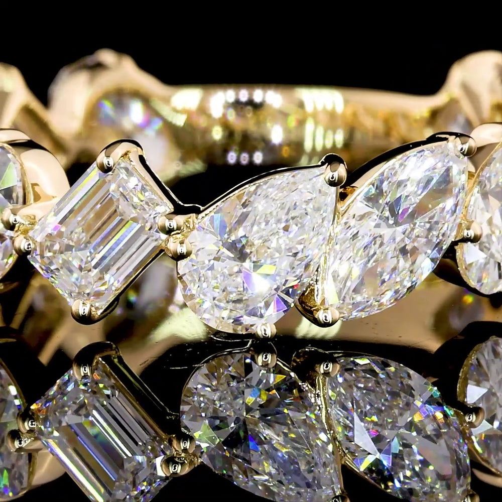 14K Yellow Gold 3/4 Eternity Band with Emerald, Marquise, and Oval Cut Lab Diamonds - 2.61 Carat Total Weight - Covaloro Fine Jewelry