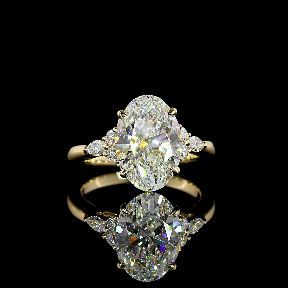 14K Yellow Gold 3.48 Carat Oval Cut Lab Diamond Statement Ring with Marquise and Round Accents - F VS1 Center - Covaloro Fine Jewelry