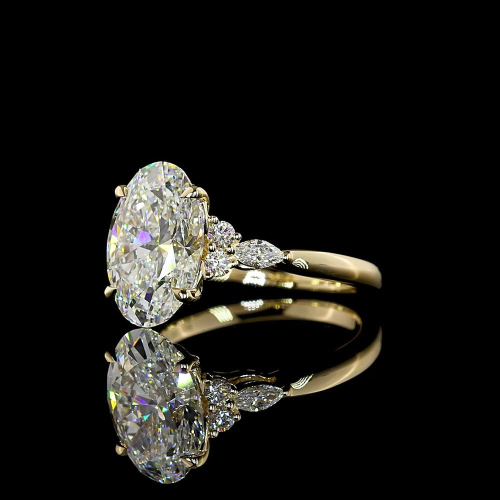 14K Yellow Gold 3.48 Carat Oval Cut Lab Diamond Statement Ring with Marquise and Round Accents - F VS1 Center - Covaloro Fine Jewelry