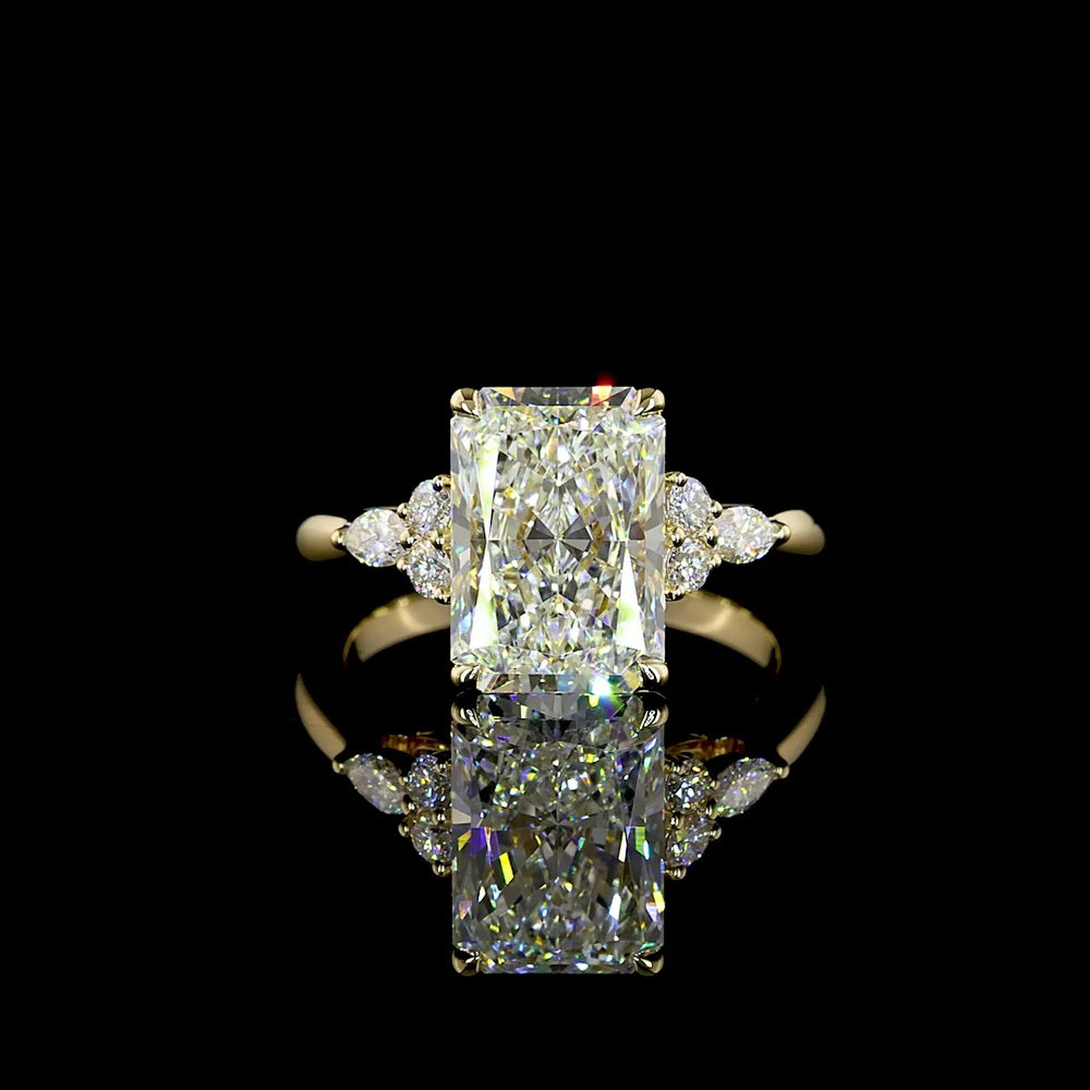 14K Yellow Gold 3.52 Carats Lab Diamond Ring with Radiant Cut Center, Round and Marquise Side Stones - E-F VS1 Quality - Covaloro Fine Jewelry
