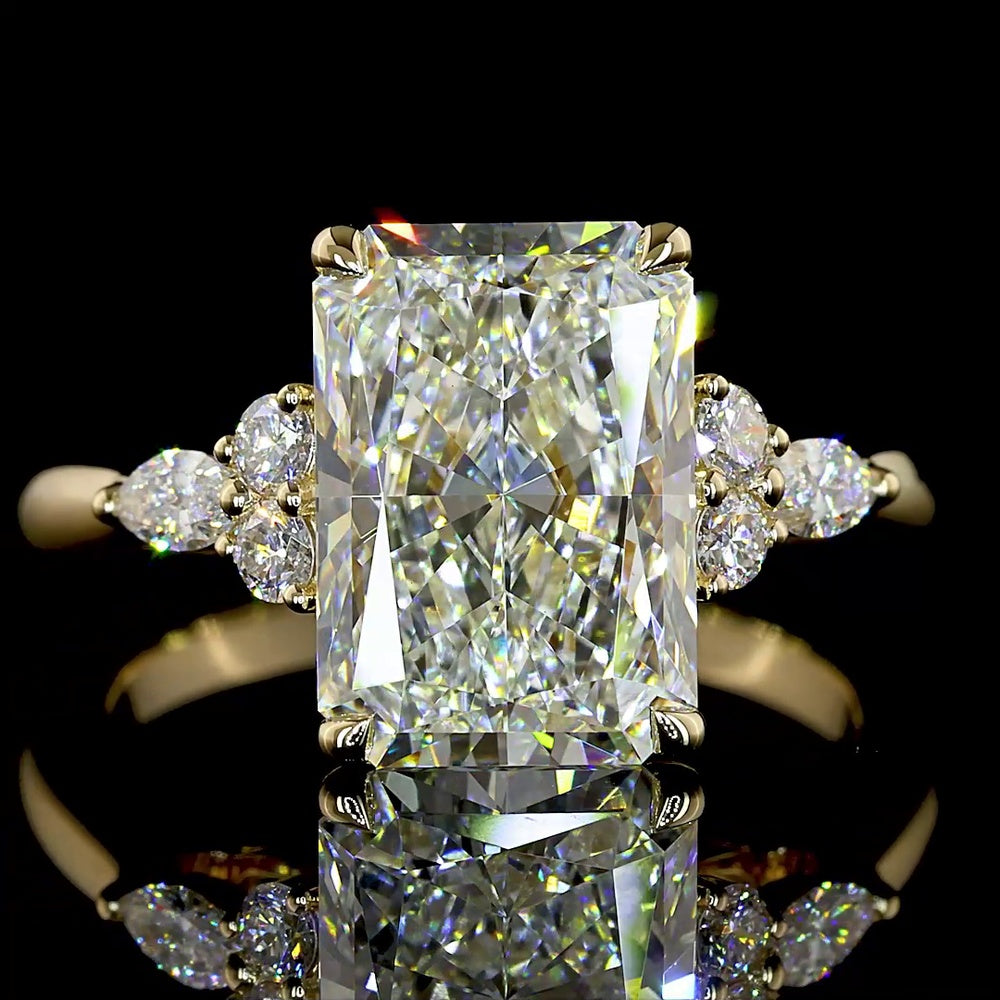 14K Yellow Gold 3.52 Carats Lab Diamond Ring with Radiant Cut Center, Round and Marquise Side Stones - E-F VS1 Quality - Covaloro Fine Jewelry