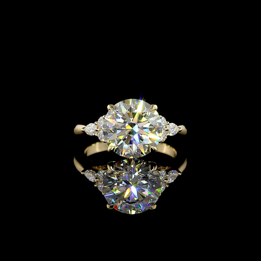 14K Yellow Gold 3.57 Carats Special Ring with 3.33 Carats Round Brilliant Lab Diamond and Marquise & Round Accent Diamonds - Covaloro Fine Jewelry