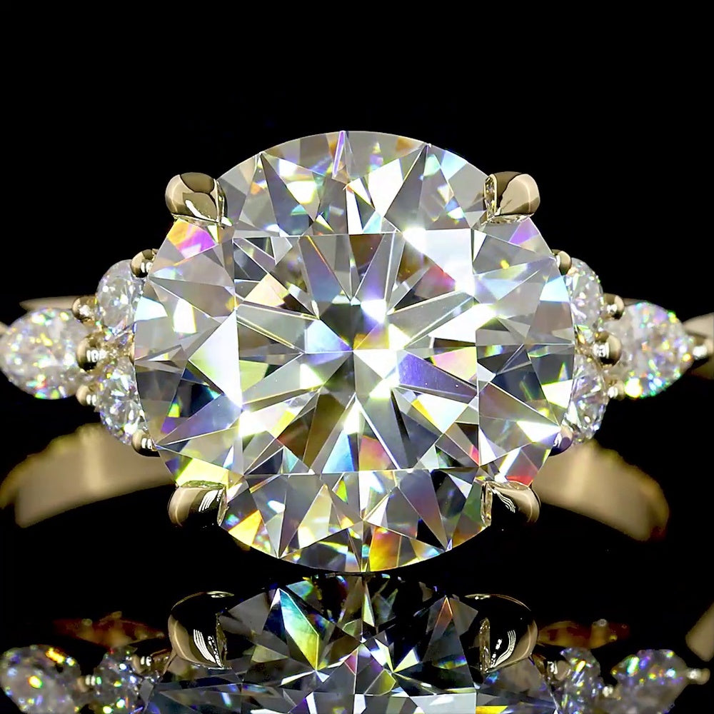 14K Yellow Gold 3.57 Carats Special Ring with 3.33 Carats Round Brilliant Lab Diamond and Marquise & Round Accent Diamonds - Covaloro Fine Jewelry