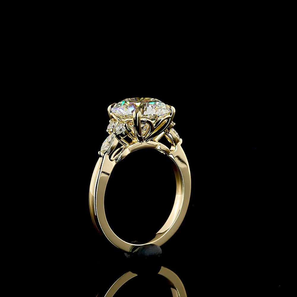 14K Yellow Gold 3.57 Carats Special Ring with 3.33 Carats Round Brilliant Lab Diamond and Marquise & Round Accent Diamonds - Covaloro Fine Jewelry
