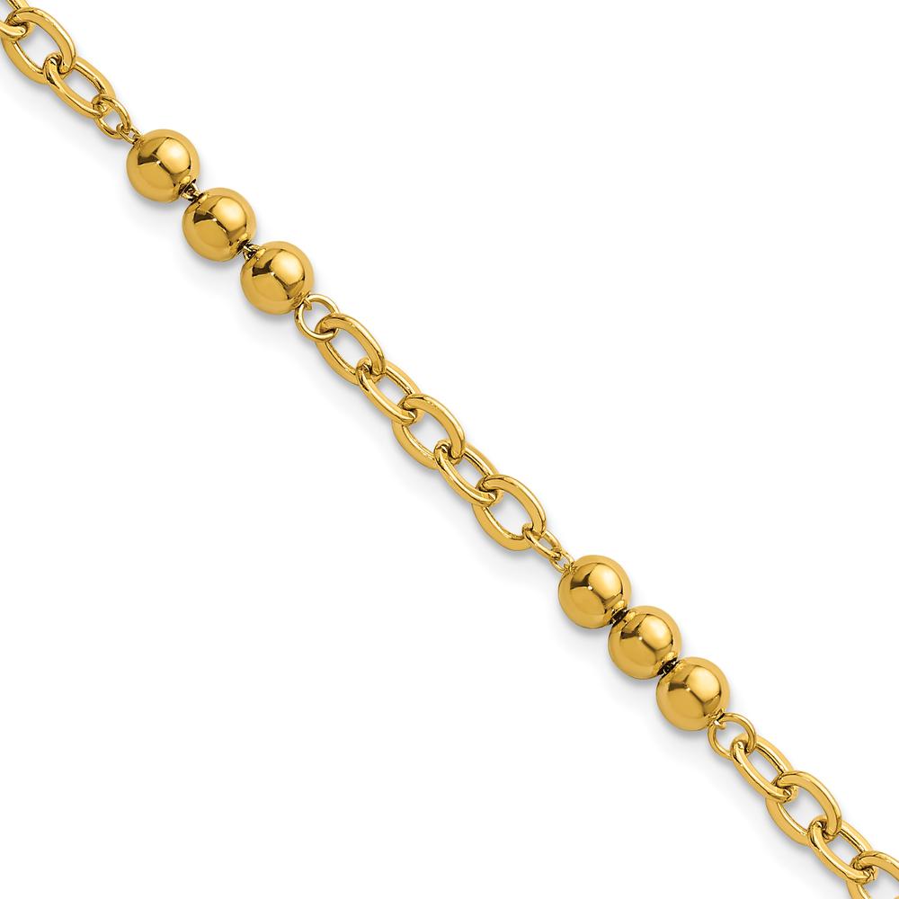 14K Yellow Gold 3.5mm Polished Beaded and Cable Link 7.5" Bracelet with Lobster Clasp by Zolivia Fine Jewelry