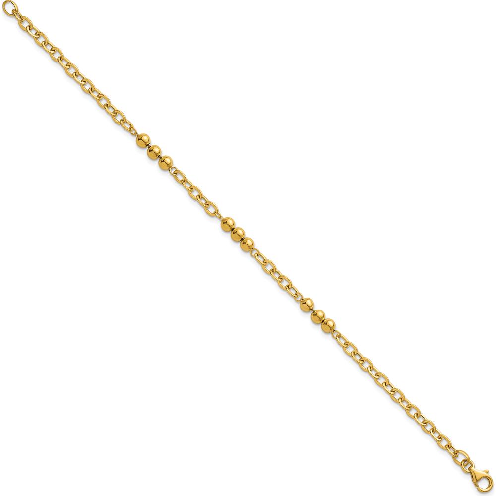 14K Yellow Gold 3.5mm Polished Beaded and Cable Link 7.5" Bracelet with Lobster Clasp by Zolivia Fine Jewelry