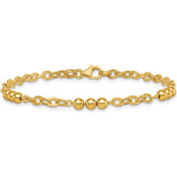 14K Yellow Gold 3.5mm Polished Beaded and Cable Link 7.5" Bracelet with Lobster Clasp by Zolivia Fine Jewelry