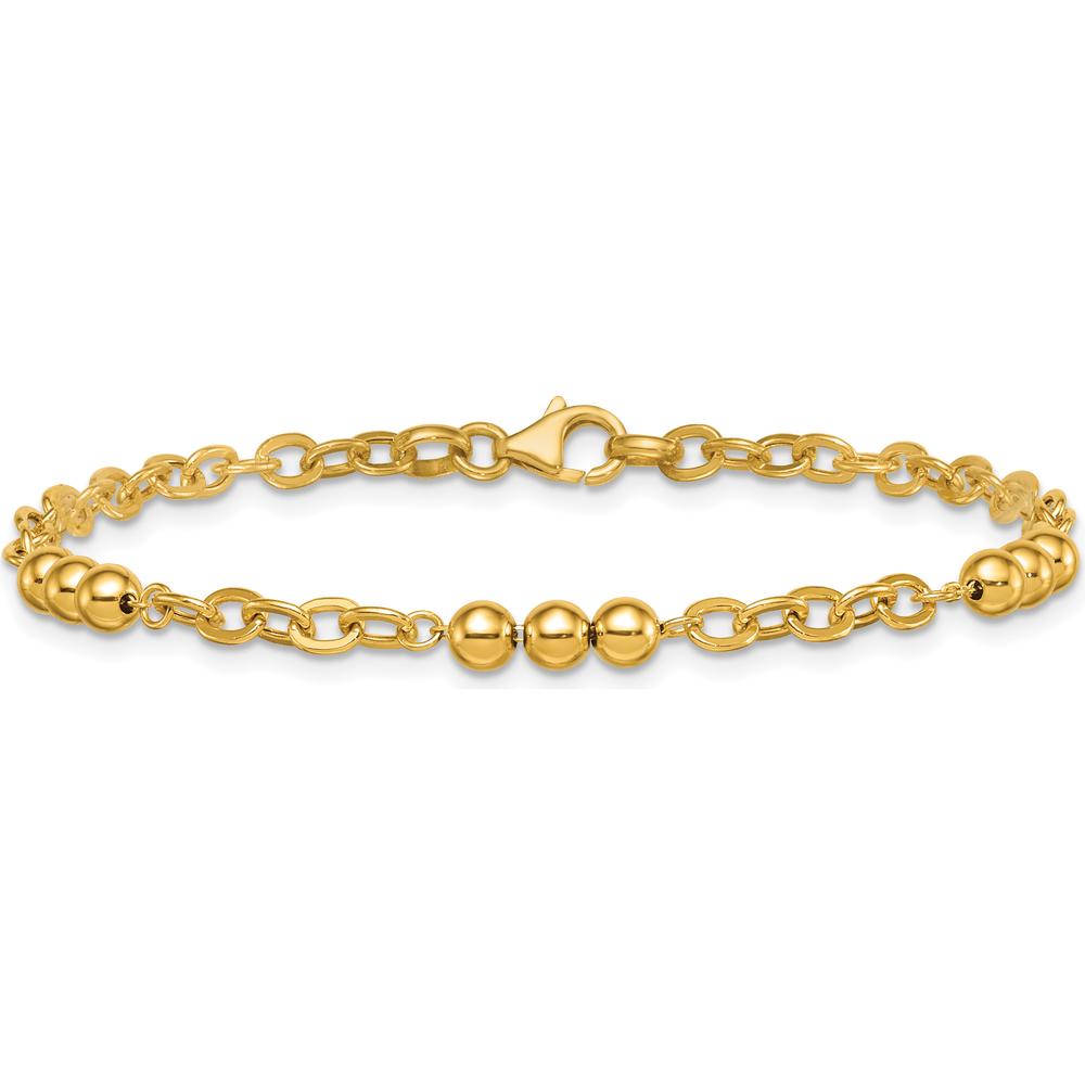 14K Yellow Gold 3.5mm Polished Beaded and Cable Link 7.5" Bracelet with Lobster Clasp by Zolivia Fine Jewelry