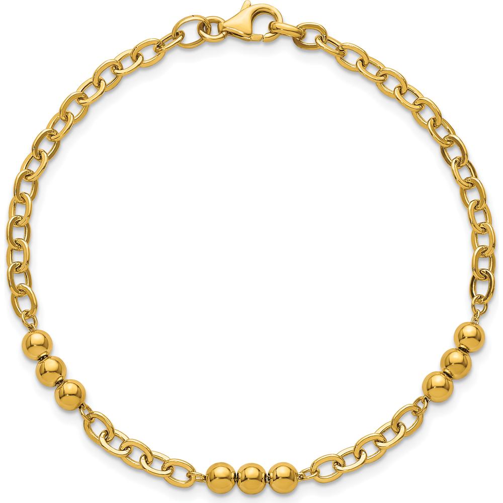 14K Yellow Gold 3.5mm Polished Beaded and Cable Link 7.5" Bracelet with Lobster Clasp by Zolivia Fine Jewelry