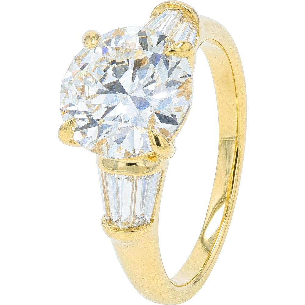 14K Yellow Gold 3.75 Carat Total Weight Lab Grown Diamond Engagement Ring with Round Brilliant Center and Baguette Side Stones