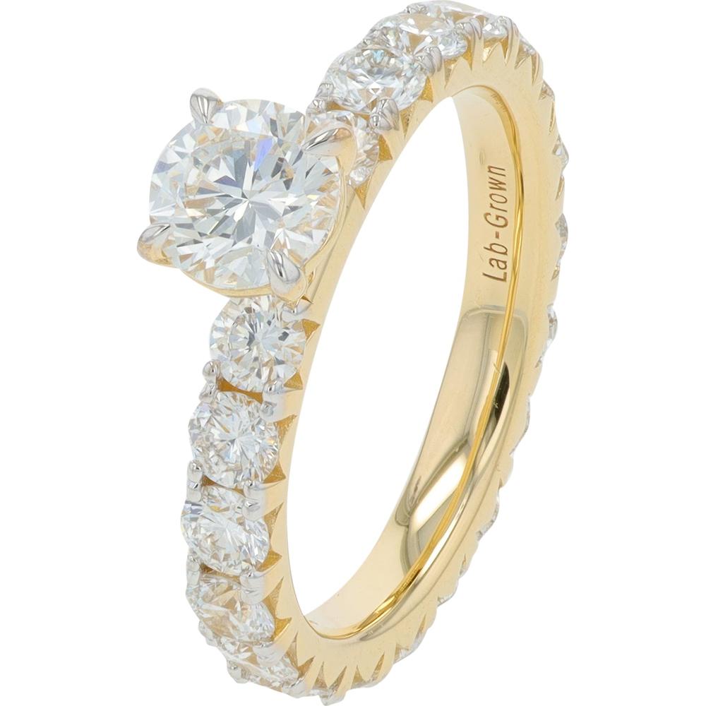 14K Yellow Gold 3 Carat Lab Grown Diamond Engagement Ring with Round Diamond Accent Band