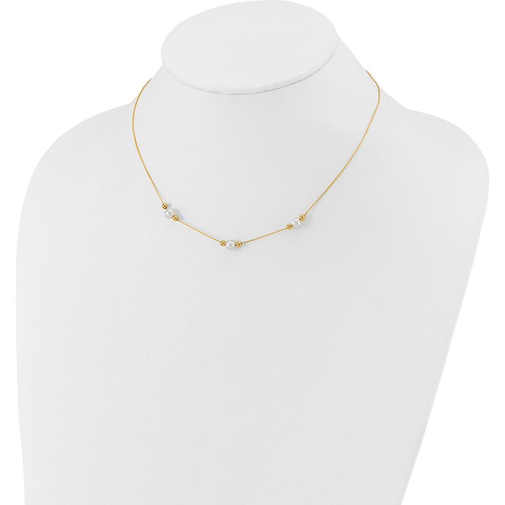 14K Yellow Gold 3-Station Freshwater Pearl Necklace with Beads - 16" + 2" Extender by Monteluci Fine Jewelry