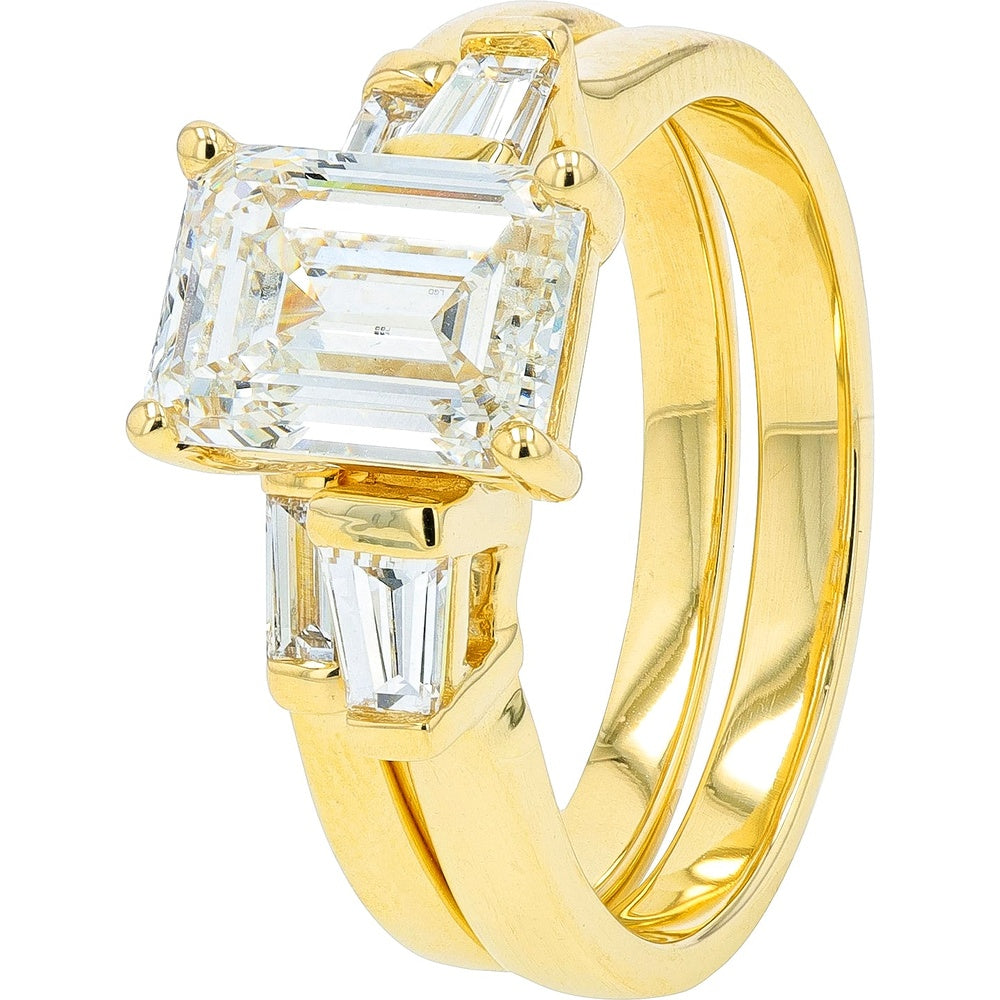 14K Yellow Gold 3-Stone Bridal Ring Set with 2.00 Carat Emerald Cut Lab Grown Diamond and Tapered Baguettes - 2.50 Carat Total Weight