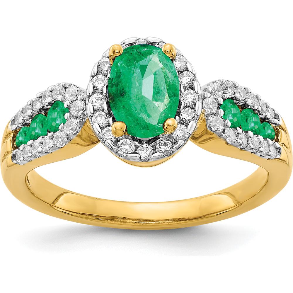 14K Yellow Gold 3-Stone Diamond and Oval Emerald Ring with Round Diamonds - 0.73 Carat Total Emerald Weight by 0