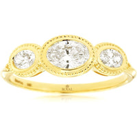 14K Yellow Gold 3-Stone Diamond Wedding Band with Milgrain Bezel Set Oval Diamonds - 0.70 Carat Total Diamond Weight - Royal Jewelry