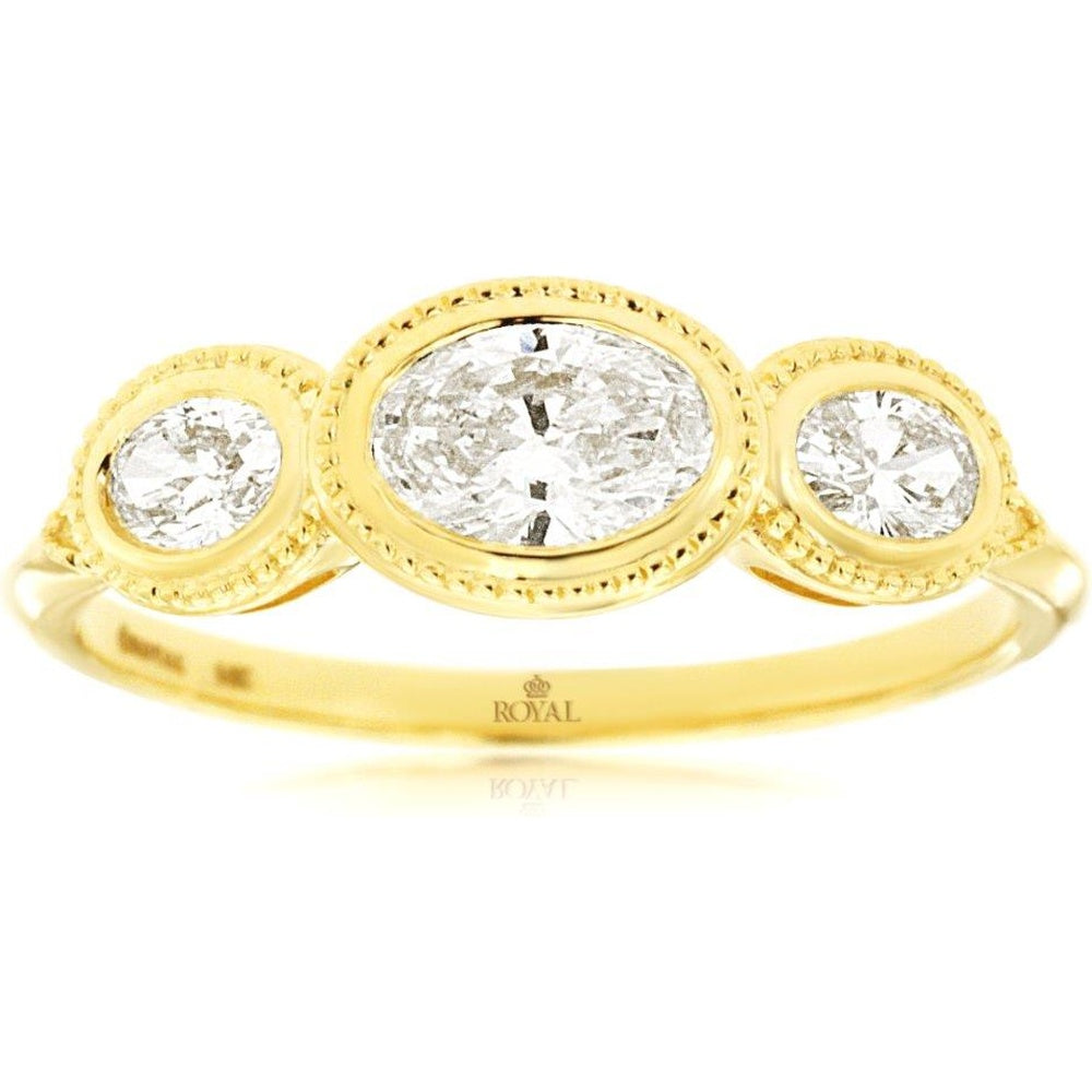 14K Yellow Gold 3-Stone Diamond Wedding Band with Milgrain Bezel Set Oval Diamonds - 0.70 Carat Total Diamond Weight - Royal Jewelry