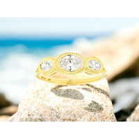 14K Yellow Gold 3-Stone Diamond Wedding Band with Milgrain Bezel Set Oval Diamonds - 0.70 Carat Total Diamond Weight - Royal Jewelry