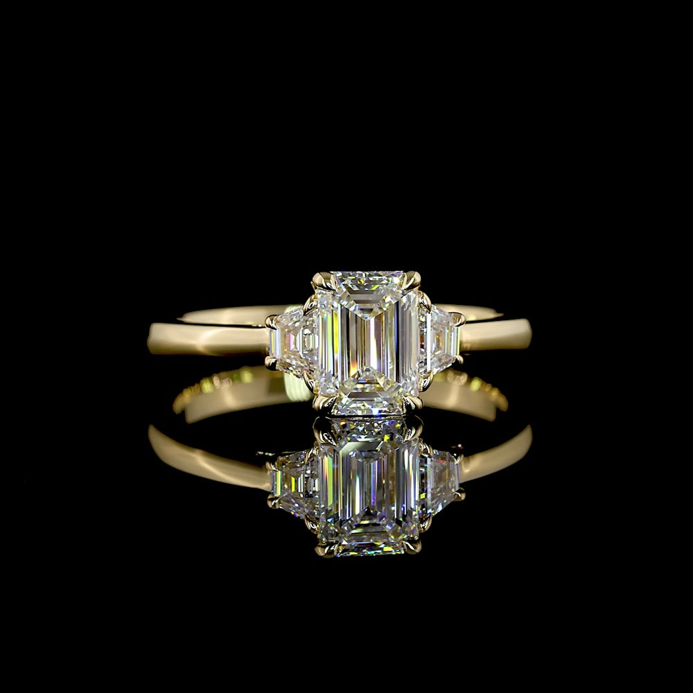 14K Yellow Gold 3-Stone Emerald Cut Lab Diamond Ring with Trapezoid Side Stones - 1.26 Carat Total Weight (E VVS2 Center) - Covaloro Fine Jewelry